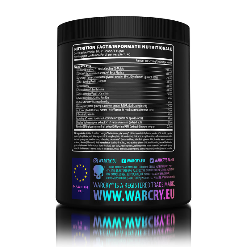 Load image into Gallery viewer, WARCRY PRE 400g 40serv Genius Nutrition Arctic Raspberry -  Pre-workout supplement for energy, pump, endurance, and focus, ideal for intense training sessions.
