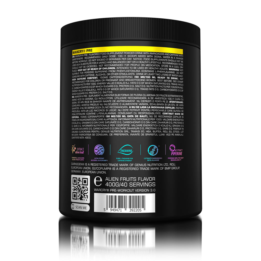 WARCRY PRE 400g 40serv Genius Nutrition Arctic Raspberry - Pre-workout supplement for energy, pump, endurance, and focus, ideal for intense training sessions.