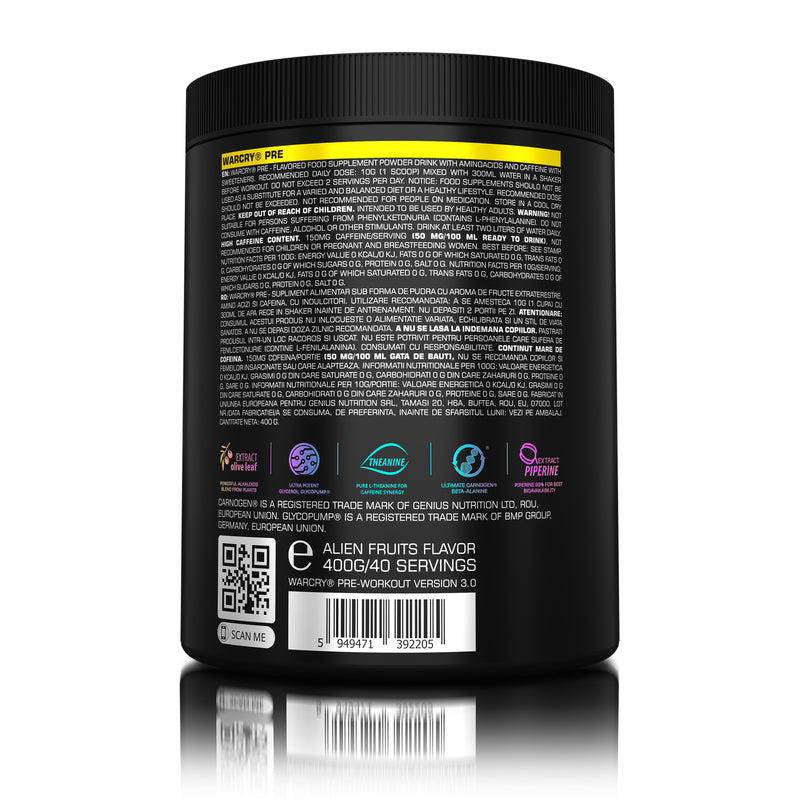 Load image into Gallery viewer, WARCRY PRE 400g 40serv Genius Nutrition Arctic Raspberry - Pre-workout supplement for energy, pump, endurance, and focus, ideal for intense training sessions.
