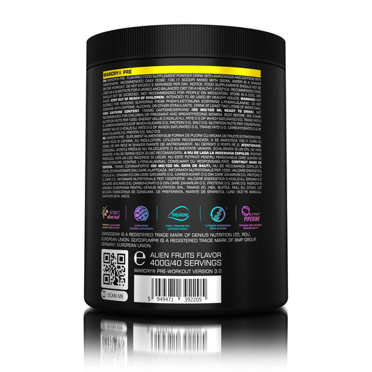 WARCRY PRE 400g 40serv Genius Nutrition Arctic Raspberry - Pre-workout supplement for energy, pump, endurance, and focus, ideal for intense training sessions.