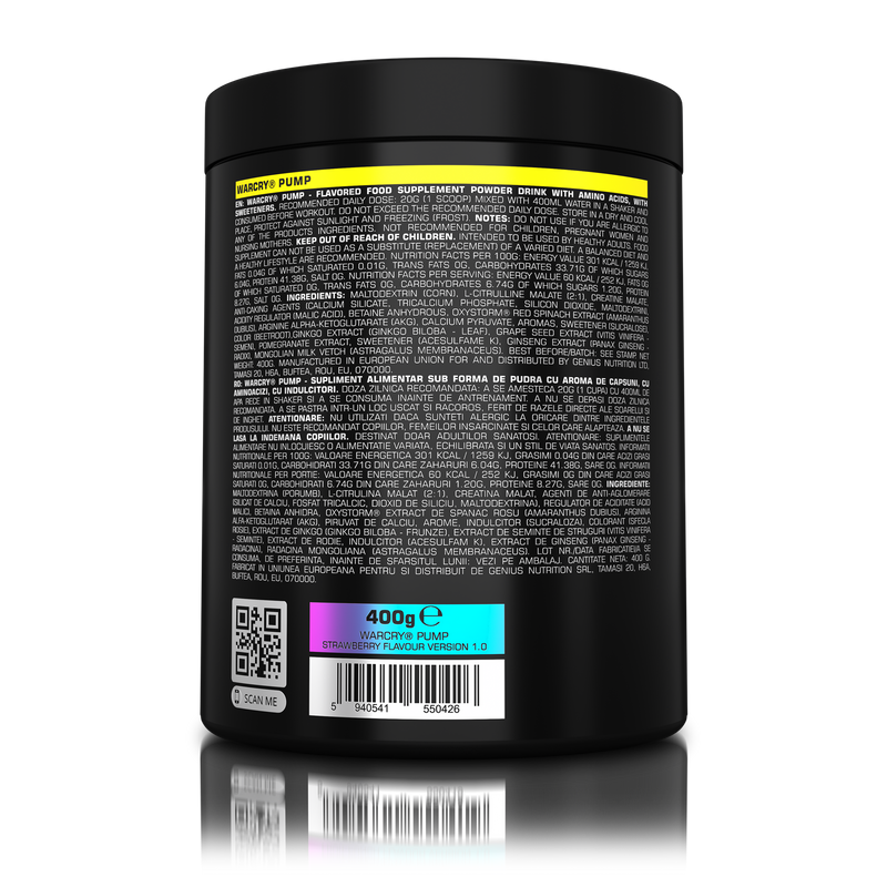 Load image into Gallery viewer, WARCRY PUMP 400g 20serv Genius Nutrition Strawberry - Stim free pre-workout supplement for pump and endurance, perfect for late workouts.
