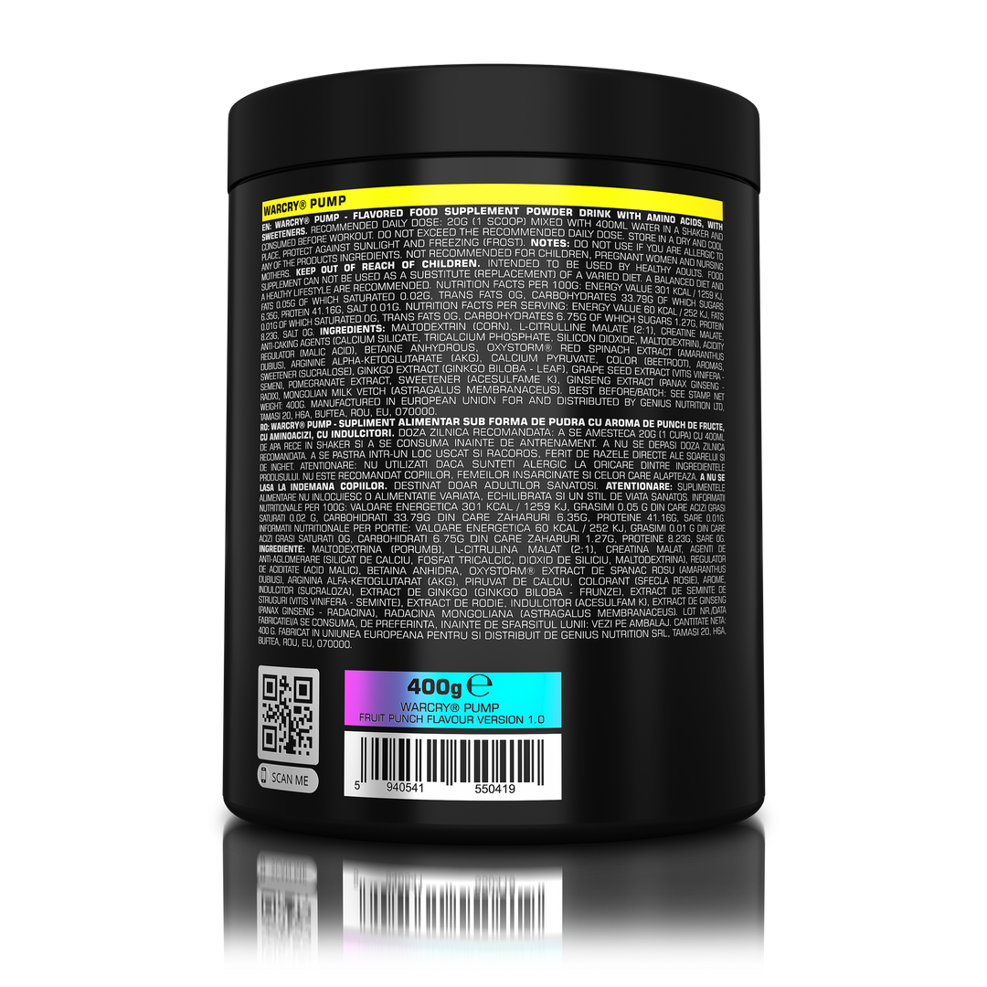 WARCRY PUMP 400g 20serv Genius Nutrition Fruit Punch - Stim free pre-workout supplement for pump and endurance, perfect for late workouts.