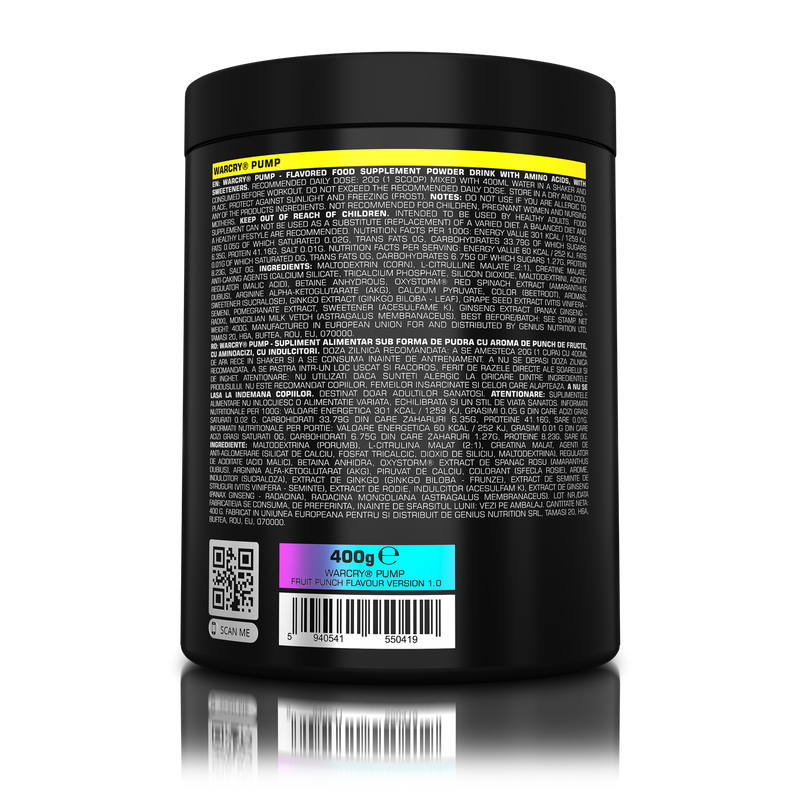 Load image into Gallery viewer, WARCRY PUMP 400g 20serv Genius Nutrition Fruit Punch - Stim free pre-workout supplement for pump and endurance, perfect for late workouts.
