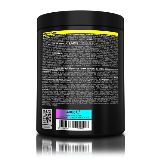 WARCRY PUMP 400g 20serv Genius Nutrition Fruit Punch - Stim free pre-workout supplement for pump and endurance, perfect for late workouts.