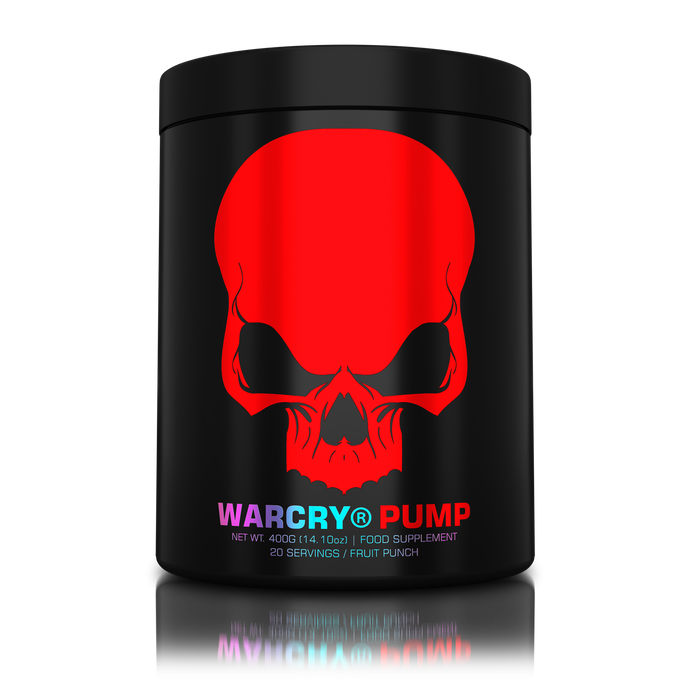 WARCRY PUMP 400g 20serv Genius Nutrition Fruit Punch - Stim free pre-workout supplement for pump and endurance, perfect for late workouts.