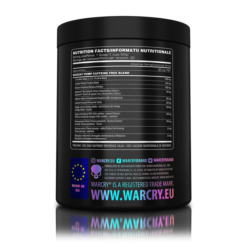 Load image into Gallery viewer, WARCRY PUMP 400g 20serv Genius Nutrition Fruit Punch - Stim free pre-workout supplement for pump and endurance, perfect for late workouts.
