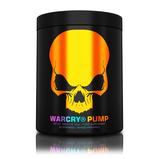 WARCRY PUMP 400g 20serv Genius Nutrition Mango Pineapple - Stim free pre-workout supplement for pump and endurance, perfect for late workouts.