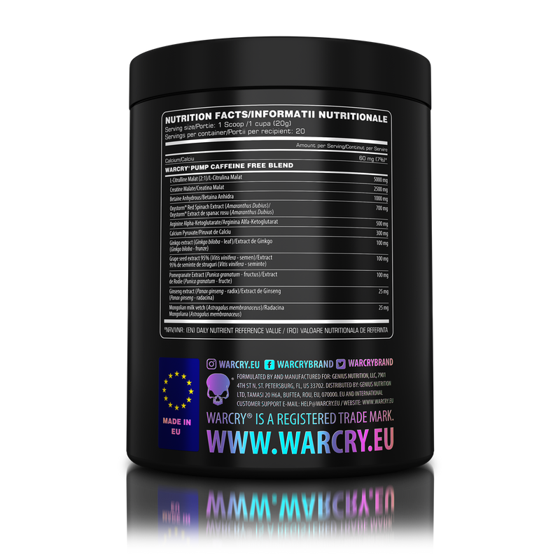 Load image into Gallery viewer, WARCRY PUMP 400g 20serv Genius Nutrition Mango Pineapple - Stim free pre-workout supplement for pump and endurance, perfect for late workouts.
