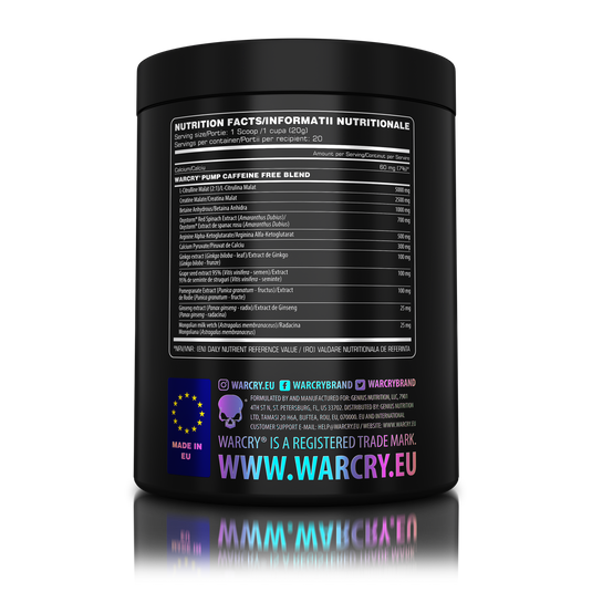 WARCRY PUMP 400g 20serv Genius Nutrition Mango Pineapple - Stim free pre-workout supplement for pump and endurance, perfect for late workouts.