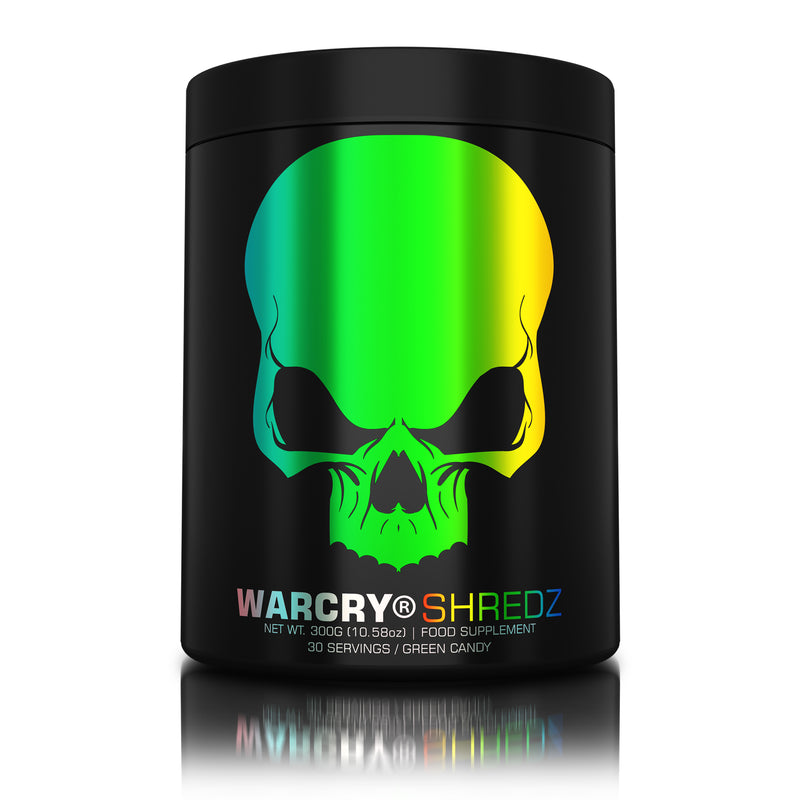 Load image into Gallery viewer, WARCRY SHREDZ 300g 30serv Genius Nutrition Green Candy  - Pre-workout supplement with fat-burning effects that provides energy, intense muscle pump, improved stamina, and reduces appetite.
