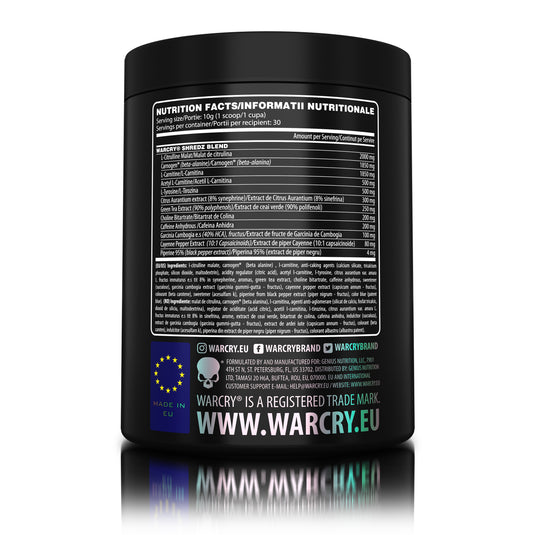 WARCRY SHREDZ 300g 30serv Genius Nutrition Green Candy - Pre-workout supplement with fat-burning effects that provides energy, intense muscle pump, improved stamina, and reduces appetite.