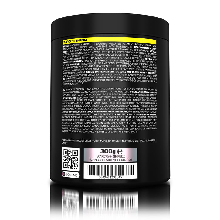 WARCRY SHREDZ 300g 30serv Genius Nutrition Mango Peach - Pre-workout supplement with fat-burning effects that provides energy, intense muscle pump, improved stamina, and reduces appetite.