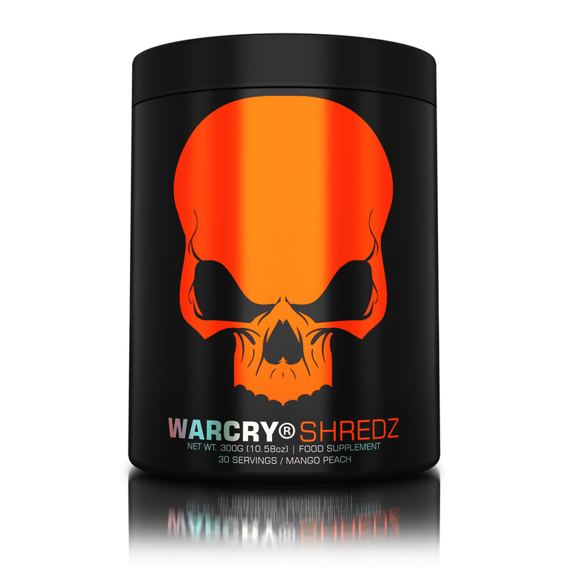 Load image into Gallery viewer, WARCRY SHREDZ 300g 30serv Genius Nutrition Mango Peach - Pre-workout supplement with fat-burning effects that provides energy, intense muscle pump, improved stamina, and reduces appetite.
