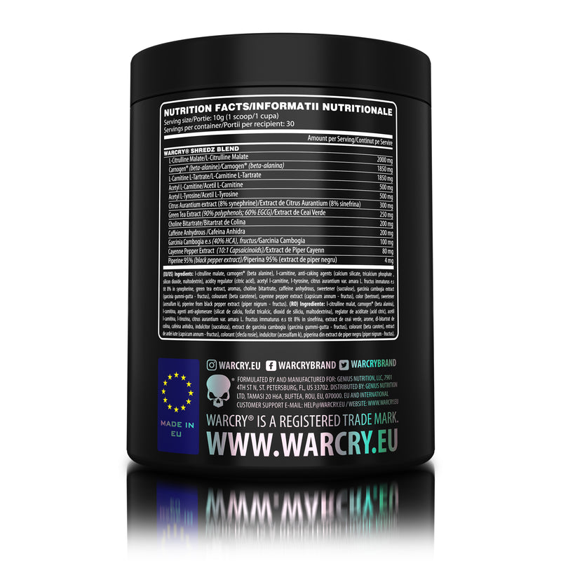 Load image into Gallery viewer, WARCRY SHREDZ 300g 30serv Genius Nutrition Mango Peach  - Pre-workout supplement with fat-burning effects that provides energy, intense muscle pump, improved stamina, and reduces appetite.
