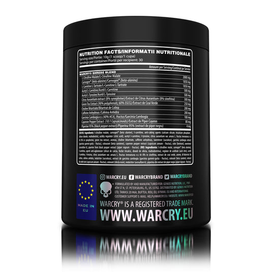 WARCRY SHREDZ 300g 30serv Genius Nutrition Mango Peach  - Pre-workout supplement with fat-burning effects that provides energy, intense muscle pump, improved stamina, and reduces appetite.