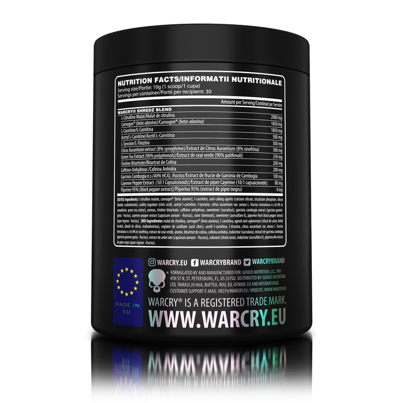 Load image into Gallery viewer, WARCRY SHREDZ 300g 30serv Genius Nutrition  Watermelon Strawberry -  Pre-workout supplement with fat-burning effects that provides energy, intense muscle pump, improved stamina, and reduces appetite.
