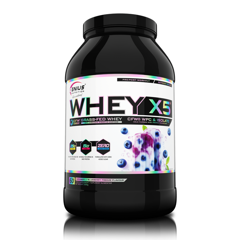 Load image into Gallery viewer, WHEY-X5® 2000g/60serv Genius Nutrition Blueberry Freeze -Protein blend of whey concentrate and isolate, ideal for lean muscle growth and recovery, enriched with digestive enzymes for enhanced absorption.
