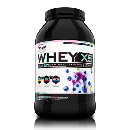 WHEY-X5® 2000g/60serv Genius Nutrition Blueberry Freeze -Protein blend of whey concentrate and isolate, ideal for lean muscle growth and recovery, enriched with digestive enzymes for enhanced absorption.