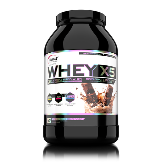 WHEY-X5® 2000g/60serv Genius Nutrition Bueno Chocolate - Protein blend of whey isolate and concentrate, ideal for lean muscle growth and recovery, enriched with digestive enzymes for enhanced absorption.