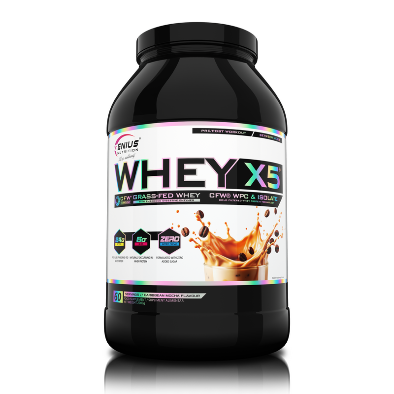 Load image into Gallery viewer, WHEY-X5® 2000g/60serv Genius Nutrition Caribbean Mocha - Protein blend of whey concentrate and isolate, ideal for lean muscle growth and recovery, enriched with digestive enzymes for enhanced absorption.
