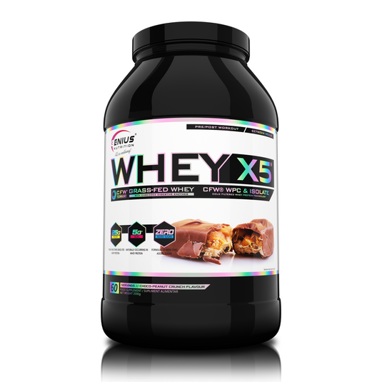 WHEY-X5® 2000g/60serv Genius Nutrition Choco-Peanut Crunch - Protein blend of whey concentrate and isolate, ideal for lean muscle growth and recovery, enriched with digestive enzymes for enhanced absorption.