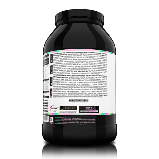 WHEY-X5® 2000g/60serv Genius Nutrition Salted Caramel - Protein blend of whey isolate and concentrate, ideal for lean muscle growth and recovery, enriched with digestive enzymes for enhanced absorption.