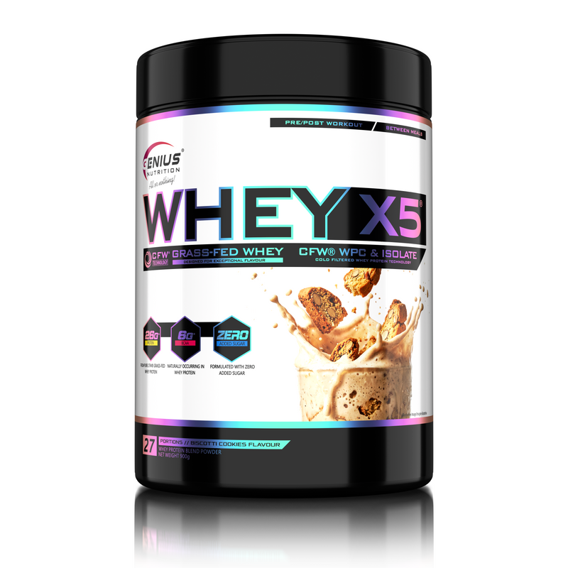 Load image into Gallery viewer, WHEY-X5® 900g/27serv Genius Nutrition Biscotti Cookies - Protein blend of whey concentrate and isolate, ideal for lean muscle growth and recovery, enriched with digestive enzymes for enhanced absorption.

