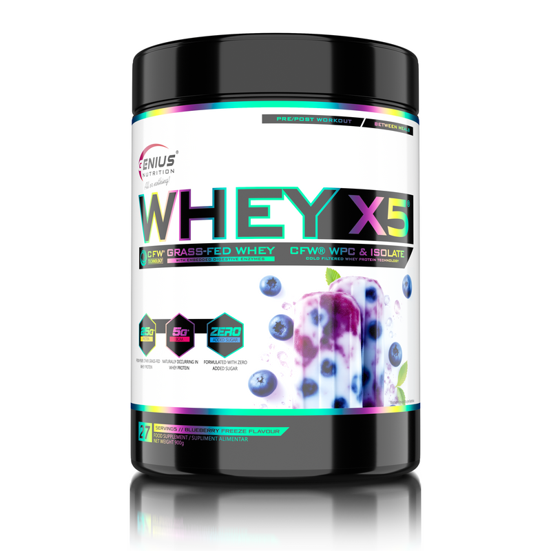 Load image into Gallery viewer, WHEY-X5® 900g/27serv Genius Nutrition Blueberry Freeze - Protein blend of whey concentrate and isolate , ideal for lean muscle growth and recovery, enriched with digestive enzymes for enhanced absorption.

