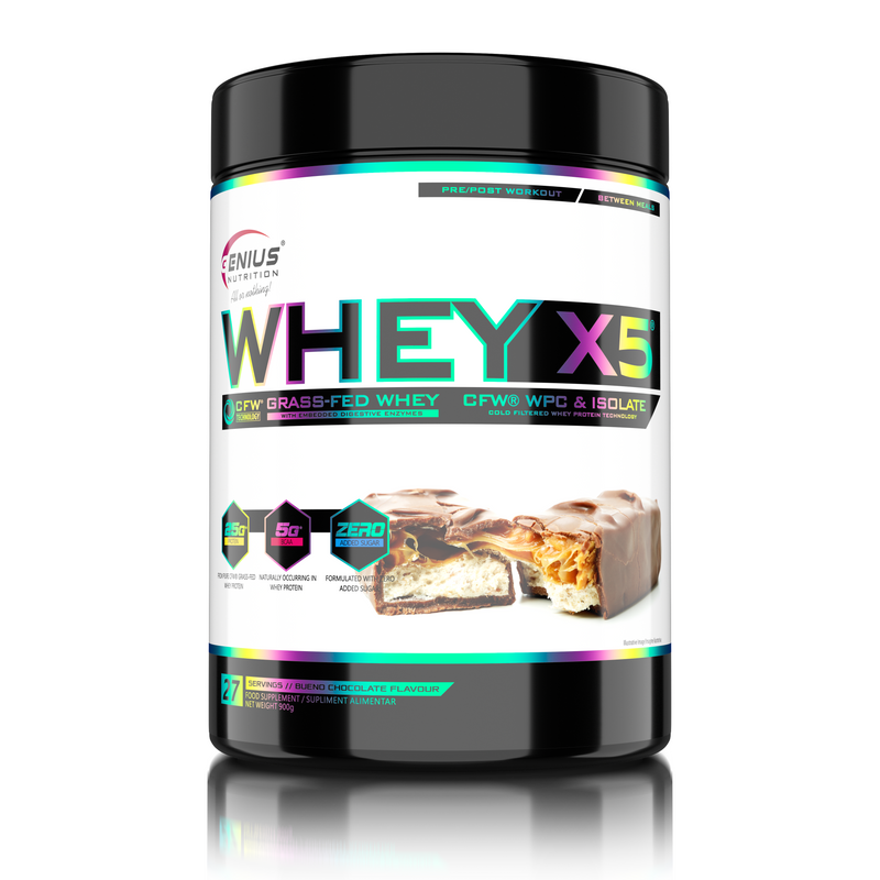 Load image into Gallery viewer, WHEY-X5® 900g/27serv Genius Nutrition Bueno Chocolate - Protein blend of whey concentrate and isolate , ideal for lean muscle growth and recovery, enriched with digestive enzymes for enhanced absorption.
