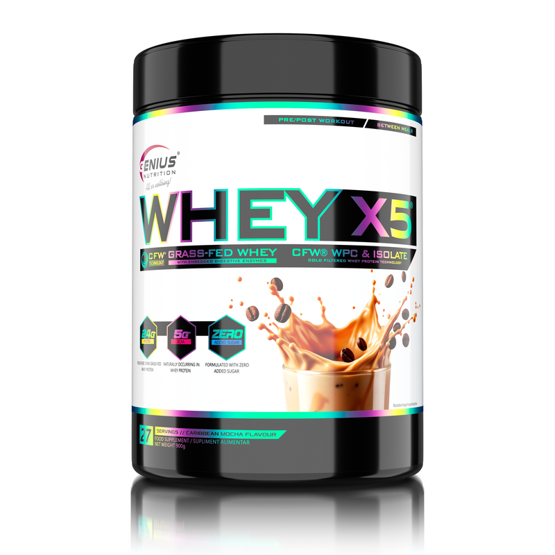 Load image into Gallery viewer, WHEY-X5® 900g/27serv Genius Nutrition Caribbean Mocha - Protein blend of whey concentrate and isolate , ideal for lean muscle growth and recovery, enriched with digestive enzymes for enhanced absorption.
