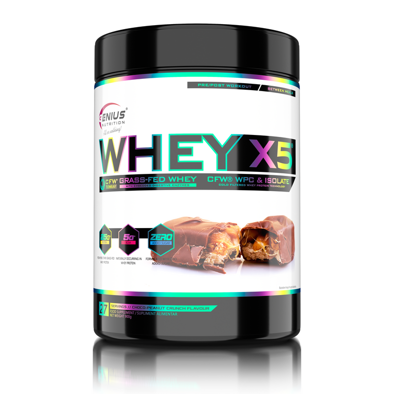 Load image into Gallery viewer, WHEY-X5® 900g/27serv Genius Nutrition Choco-Peanut - Protein blend of whey concentrate and isolate , ideal for lean muscle growth and recovery, enriched with digestive enzymes for enhanced absorption.
