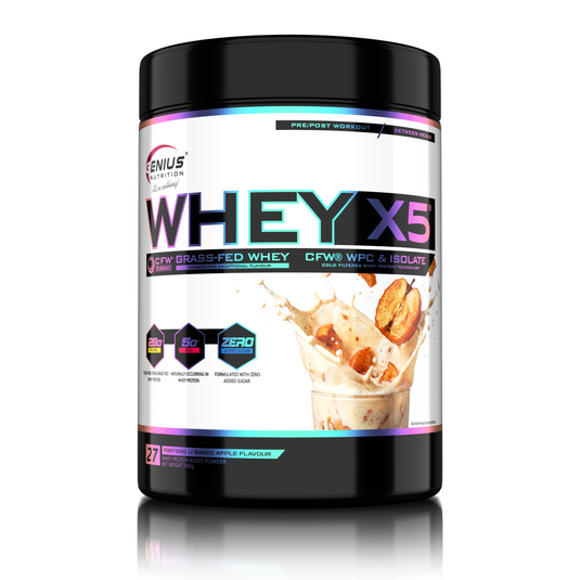 WHEY-X5® 900g/27serv Genius Nutrition Mar Copt - Protein blend of whey isolate and concentrate, ideal for lean muscle growth and recovery, enriched with digestive enzymes for enhanced absorption.