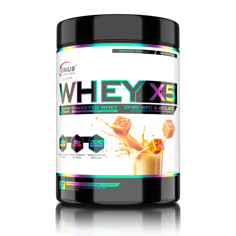 Load image into Gallery viewer, WHEY-X5® 900g/27serv Genius Nutrition Salted Caramel - Protein blend of whey isolate and concentrate, ideal for lean muscle growth and recovery, enriched with digestive enzymes for enhanced absorption.
