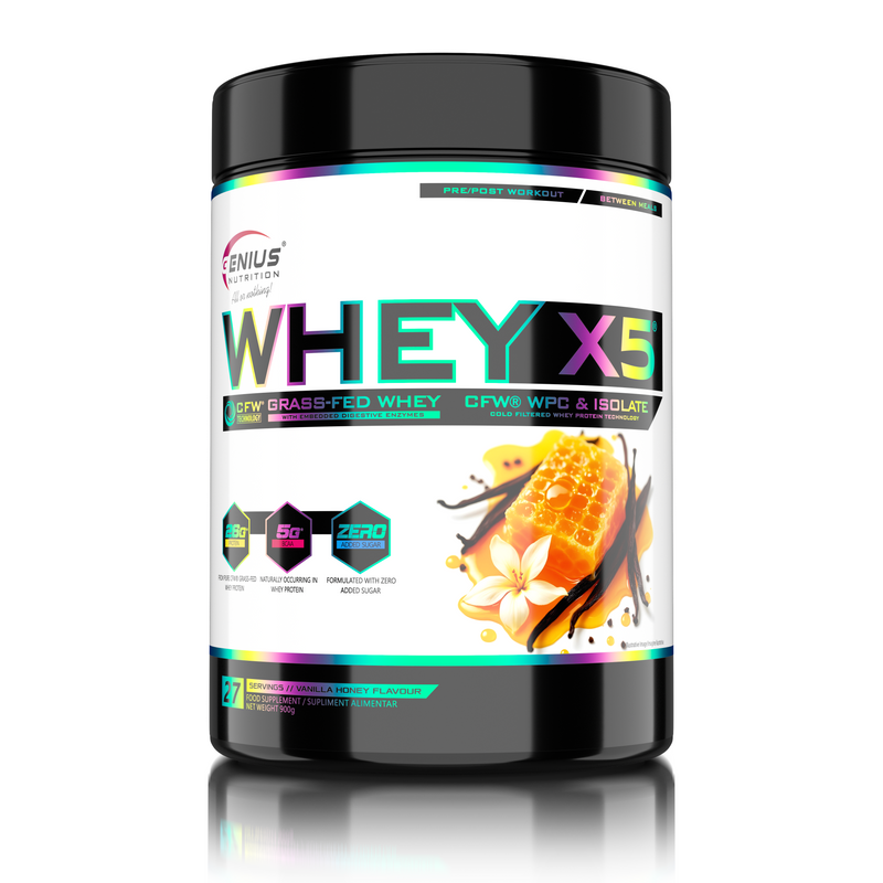 Load image into Gallery viewer, WHEY-X5® 900g/27serv Genius Nutrition Vanilla-Honey - Protein blend of whey concentrate and isolate , ideal for lean muscle growth and recovery, enriched with digestive enzymes for enhanced absorption.
