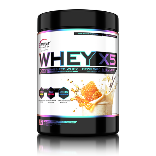 WHEY-X5® 900g/27serv Genius Nutrition Vanilla-Honey - Protein blend of whey concentrate and isolate , ideal for lean muscle growth and recovery, enriched with digestive enzymes for enhanced absorption.