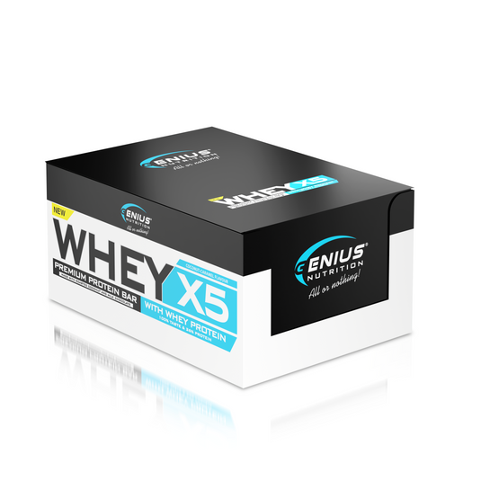 WHEY-X5 PROTEIN BAR 48g Genius Nutrition – Protein bar, a delicious snack for maintaining and building muscle mass with coconut & caramel flavor.