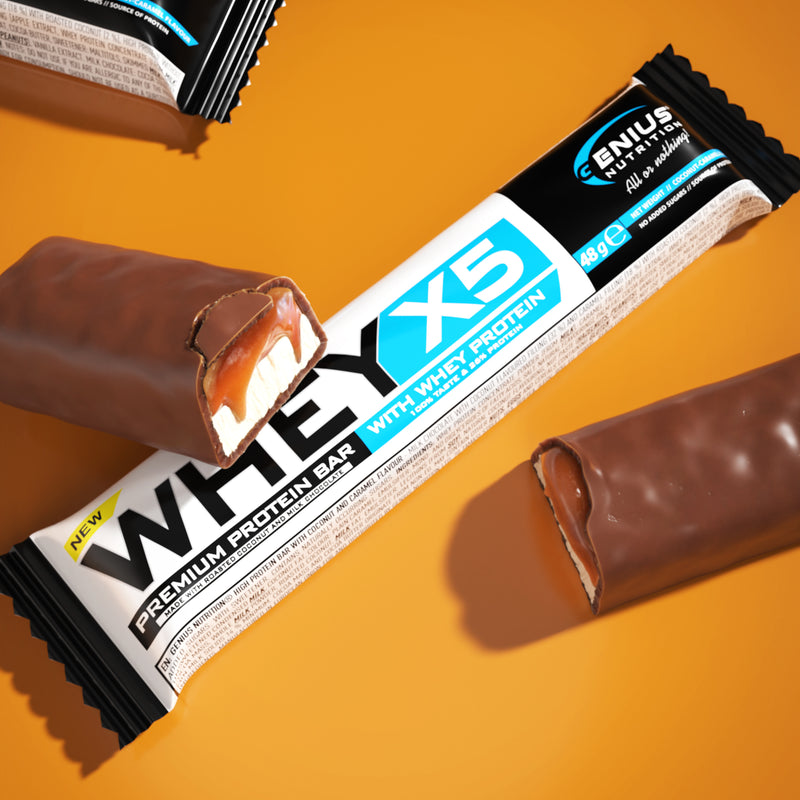 Load image into Gallery viewer, WHEY-X5 PROTEIN BAR 48g Genius Nutrition – Protein bar, a delicious snack for maintaining and building muscle mass with coconut &amp; caramel flavor.
