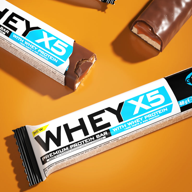 Load image into Gallery viewer, WHEY-X5 PROTEIN BAR 48g Genius Nutrition – Protein bar, a delicious snack for maintaining and building muscle mass with coconut &amp; caramel flavor.
