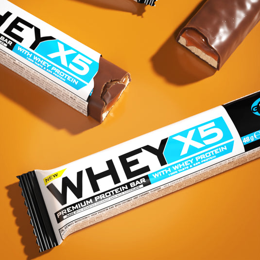 WHEY-X5 PROTEIN BAR 48g Genius Nutrition – Protein bar, a delicious snack for maintaining and building muscle mass with coconut & caramel flavor.