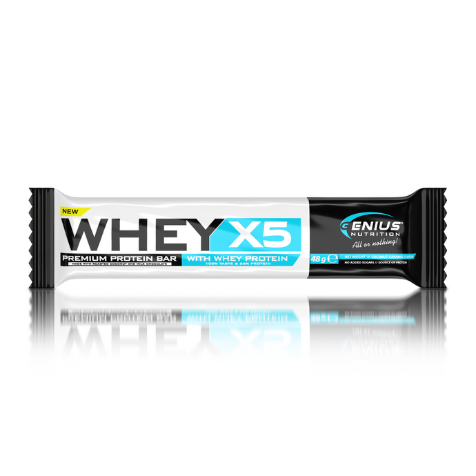 WHEY-X5 PROTEIN BAR 48g Genius Nutrition – Protein bar, a delicious snack for maintaining and building muscle mass with coconut & caramel flavor.