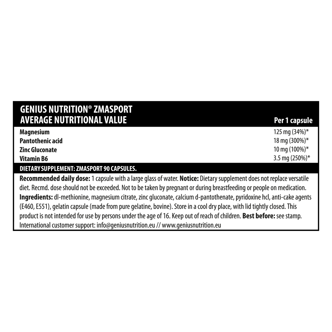 ZMA SPORT 90caps 30serv Genius Nutrition - ZMA supplement, a synergistic combination of zinc, magnesium, and vitamin B6 that supports muscle recovery, improves sleep quality, and promotes optimal testosterone levels for superior physical and mental performance.