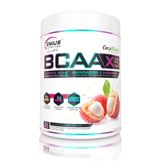 BCAA-X5 360g 30serv Genius Nutrition Lychee Dreams - Food supplement for muscle recovery and hydration with amino acids, citrulline malate and electrolytes.