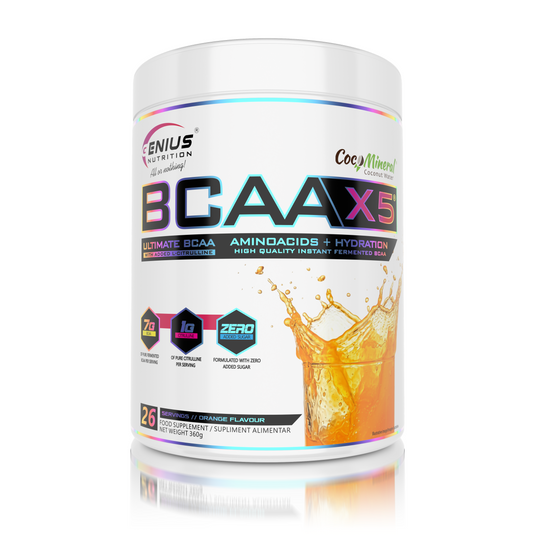 BCAA-X5 360g 26serv Genius Nutrition Orange - Food supplement for muscle recovery and hydration with amino acids, citrulline malate and electrolytes.