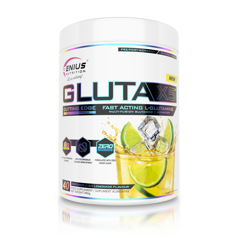 Load image into Gallery viewer, GLUTA-X5 405g 45serv Genius Nutrition Icy Lemonade - Glutamine supplement for gut health support, immunity and muscle recovery after intense workouts.
