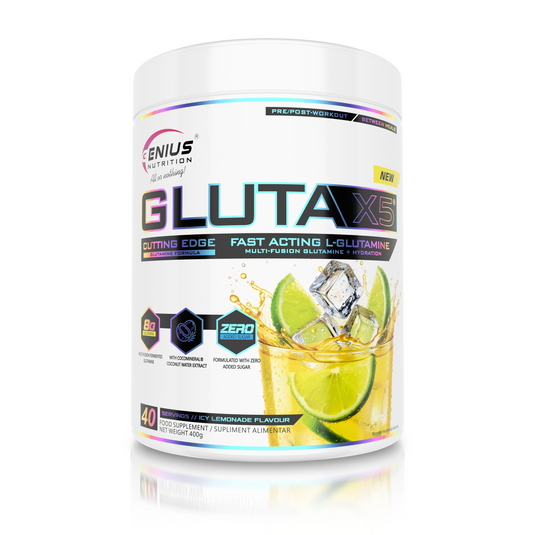 GLUTA-X5 405g 45serv Genius Nutrition Icy Lemonade - Glutamine supplement for gut health support, immunity and muscle recovery after intense workouts.