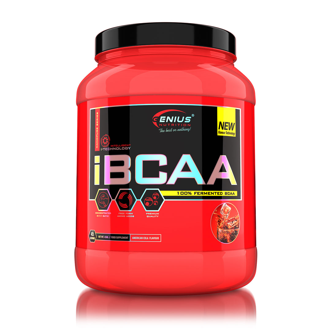 iBCAA 450g 45serv Genius Nutrition American Cola - BCAA supplement naturally fermented for muscle recovery and growth with added prebiotic fiber inulin.