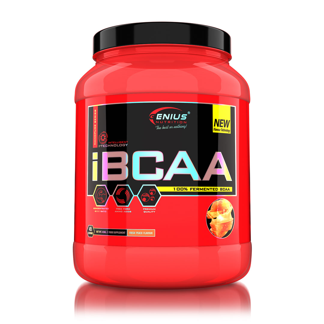 iBCAA 450g 45serv Genius Nutrition Fresh Peach - BCAA supplement naturally fermented for muscle recovery and growth with added prebiotic fiber inulin.