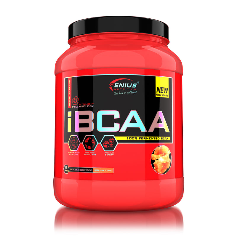 Load image into Gallery viewer, iBCAA 450g 45serv Genius Nutrition Fresh Peach - BCAA supplement naturally fermented for muscle recovery and growth with added prebiotic fiber inulin.
