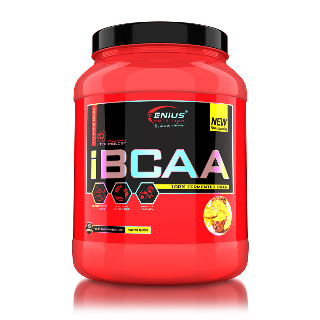 iBCAA 450g 45serv Genius Nutrition Pineapple - BCAA supplement naturally fermented for muscle recovery and growth with added prebiotic fiber inulin.