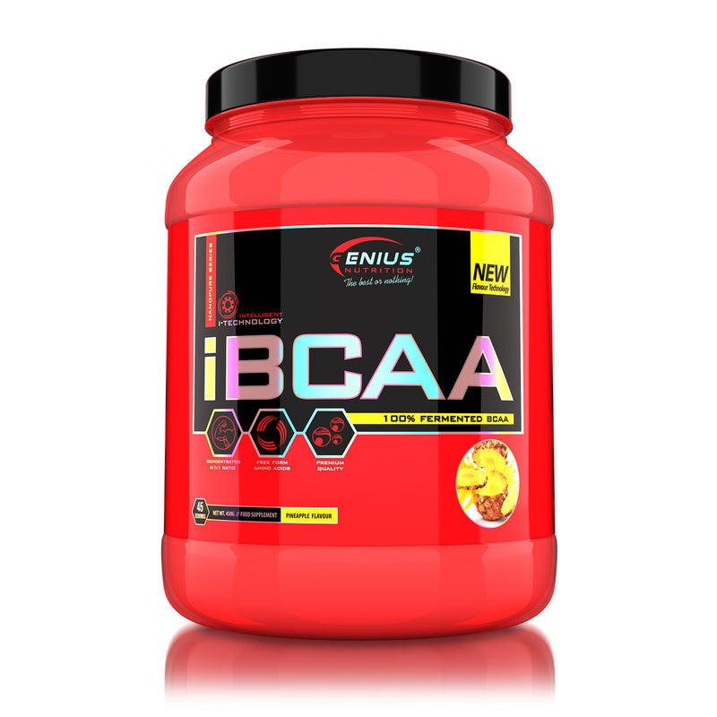 Load image into Gallery viewer, iBCAA 450g 45serv Genius Nutrition Pineapple - BCAA supplement naturally fermented for muscle recovery and growth with added prebiotic fiber inulin.
